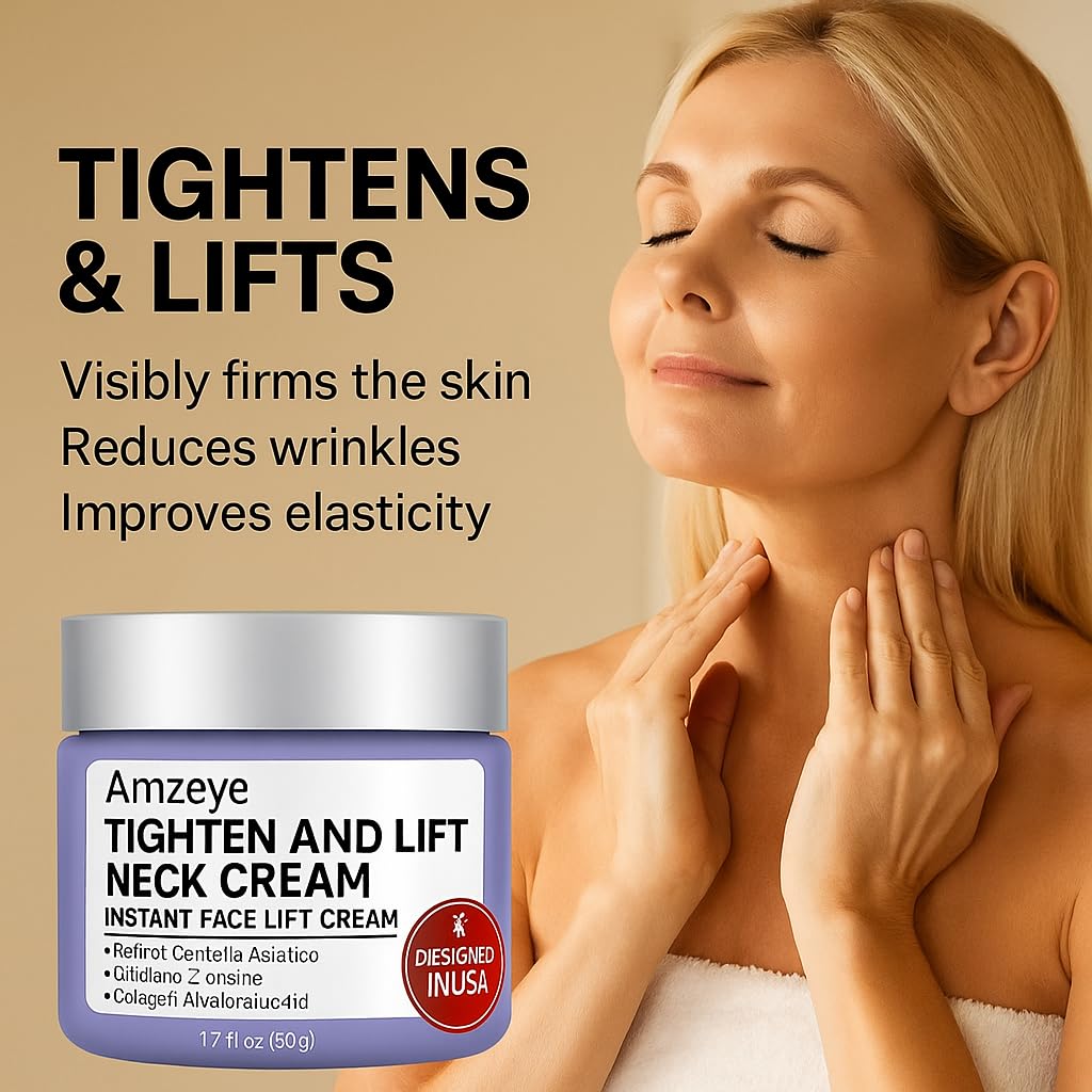 AMZEYE applying cream to neck showing upward massage for firmer-looking skin benefit