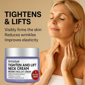 AMZEYE applying cream to neck showing upward massage for firmer-looking skin benefit