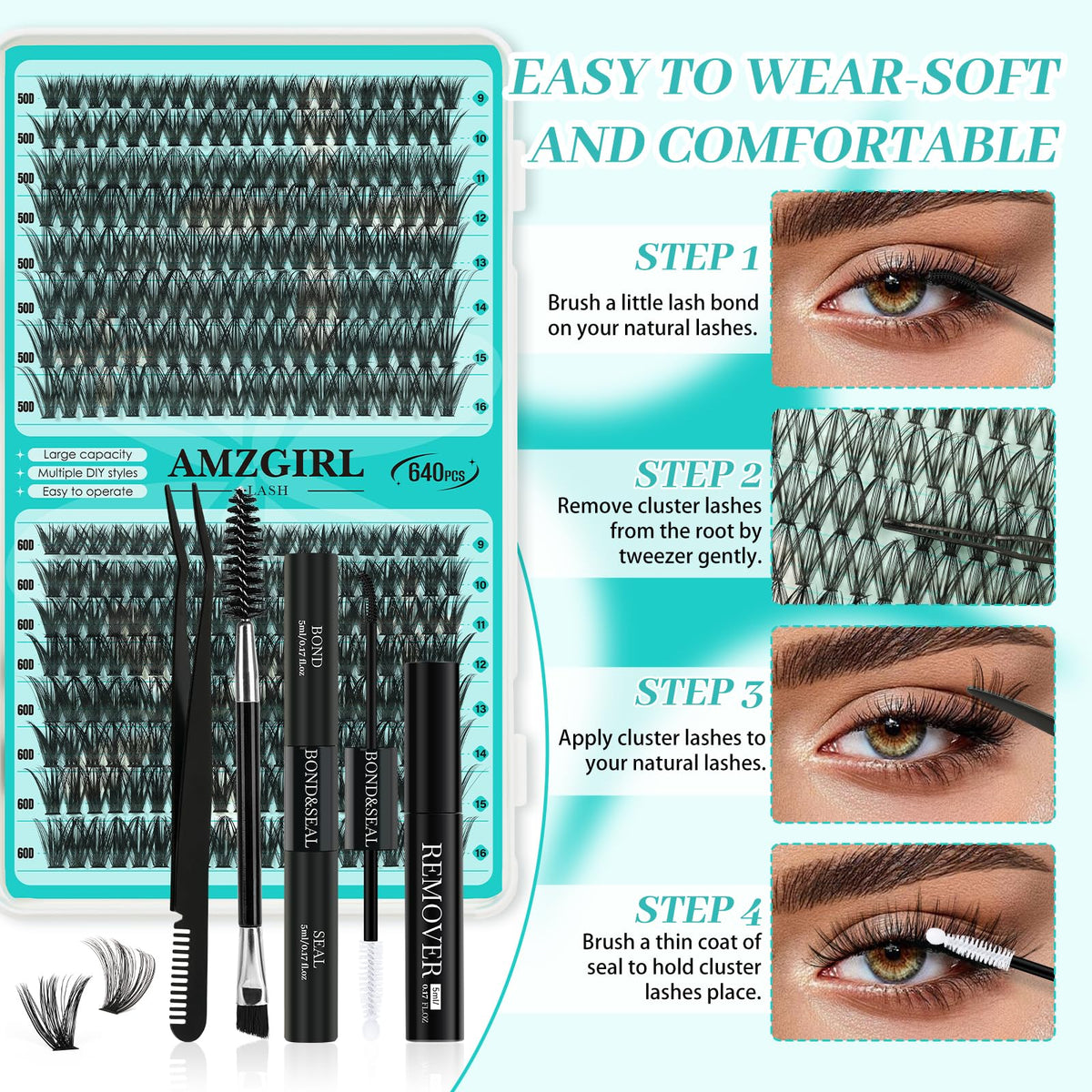 AMZGIRL LASH model applying a cluster under lashes demonstrating simple DIY use