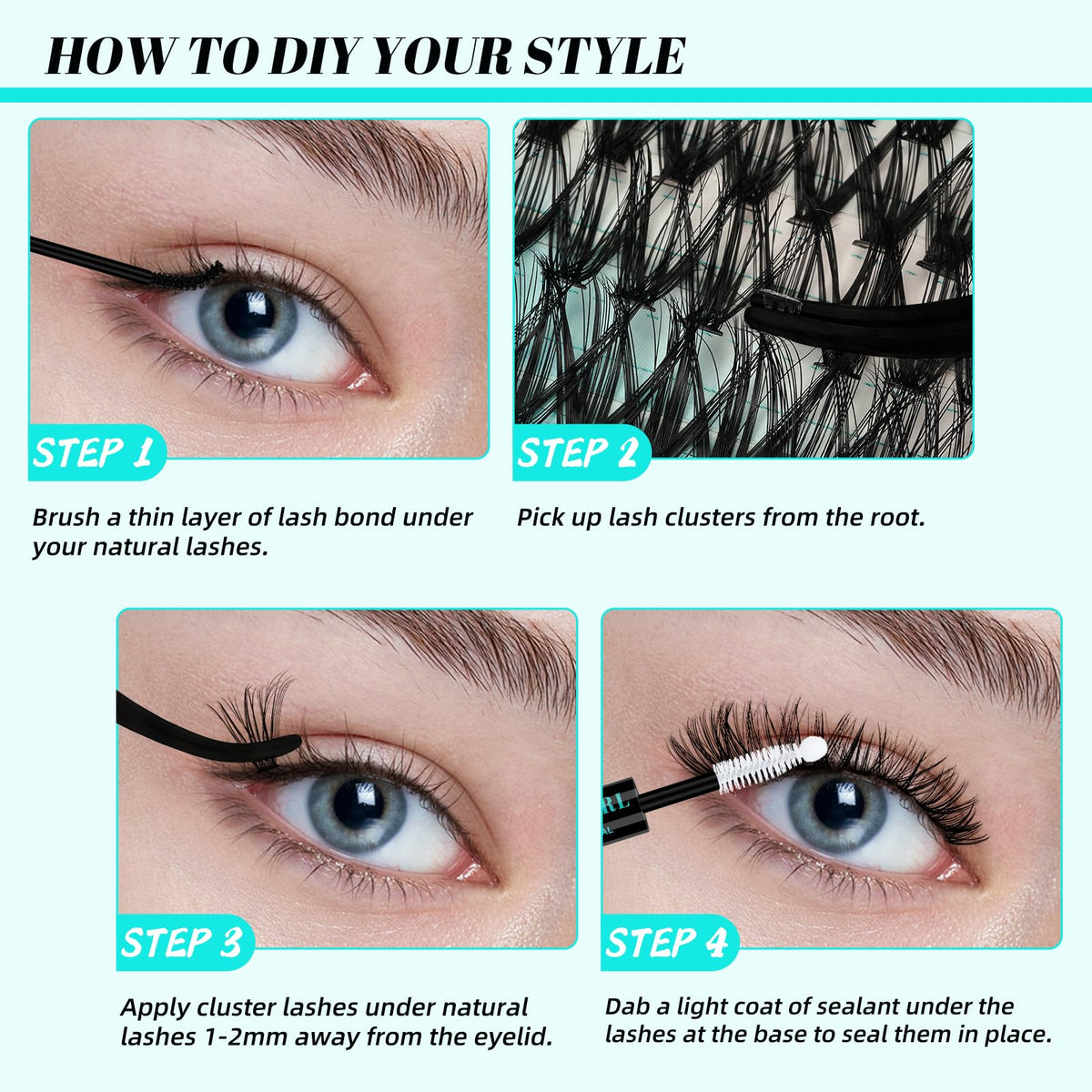 AMZGIRL LASH step-by-step application with applicator showing easy at-home use