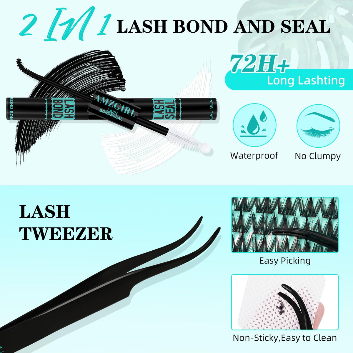 AMZGIRL LASH bond and seal bottle showing waterproof adhesion benefit