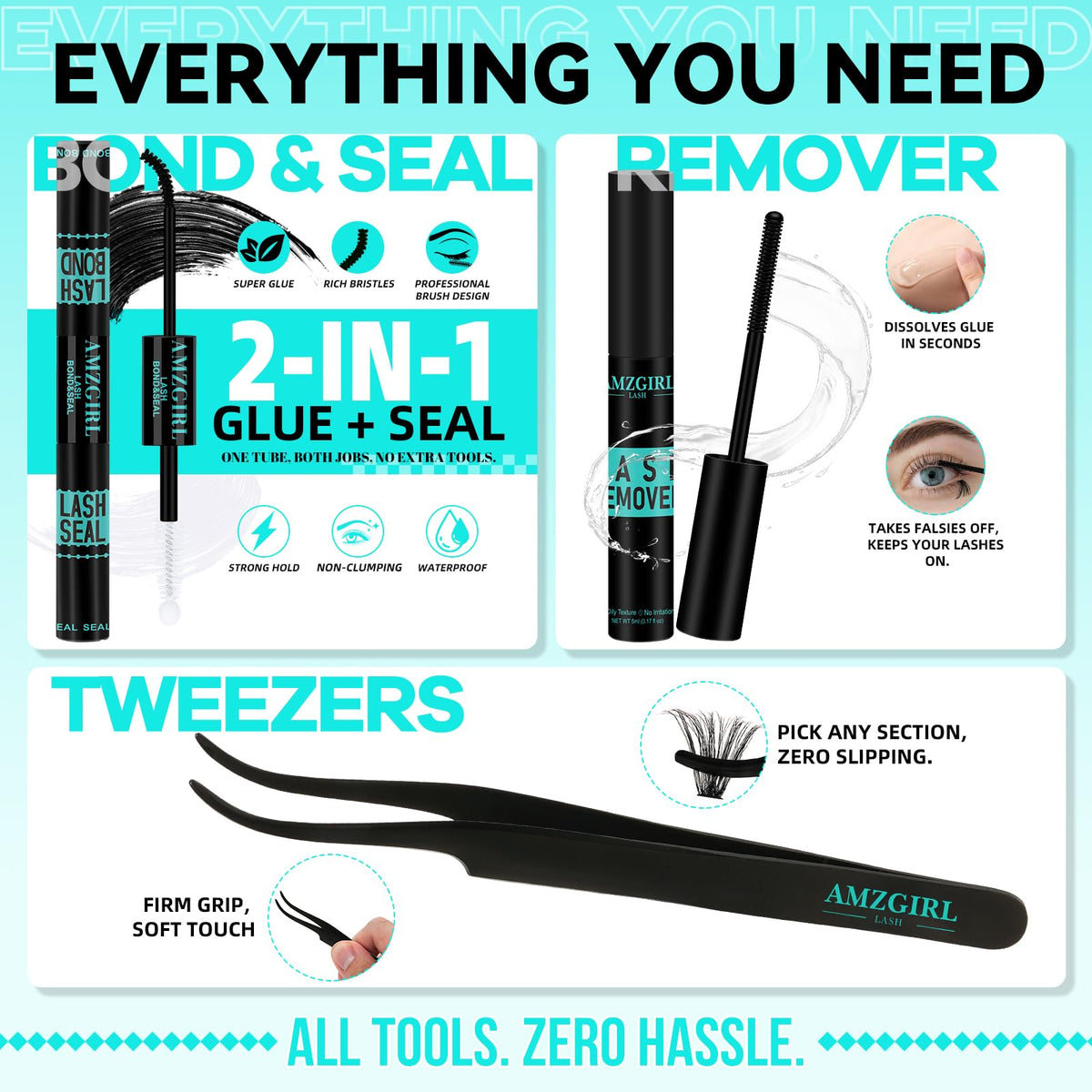 AMZGIRL LASH bond and seal bottles highlighting waterproof hold