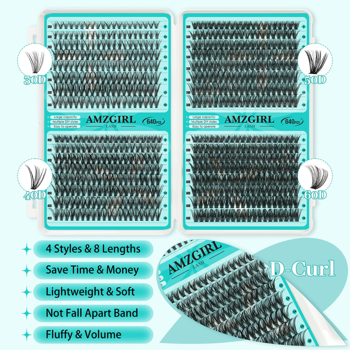 AMZGIRL LASH close-up of mixed 9–16mm cluster tips highlighting texture and natural finish