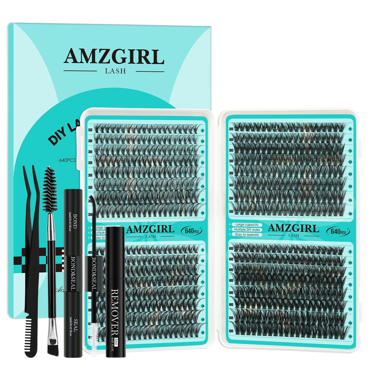 AMZGIRL LASH front packaging showing full 640pc cluster kit and tools for easy DIY