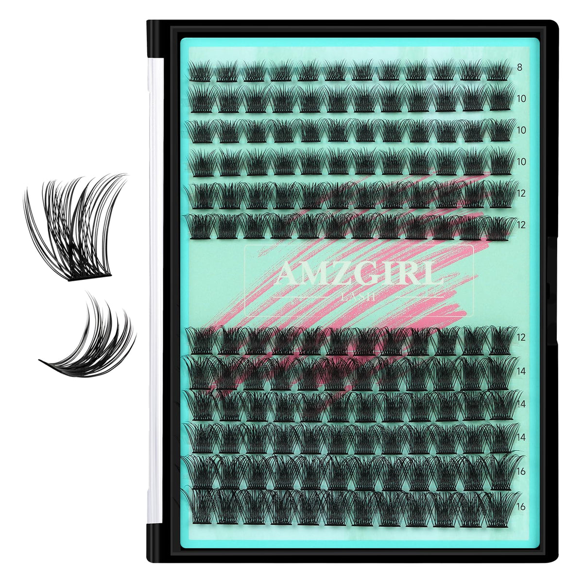 AMZGIRL LASH front tray showing 144 individual midnight clusters, easy selection benefit