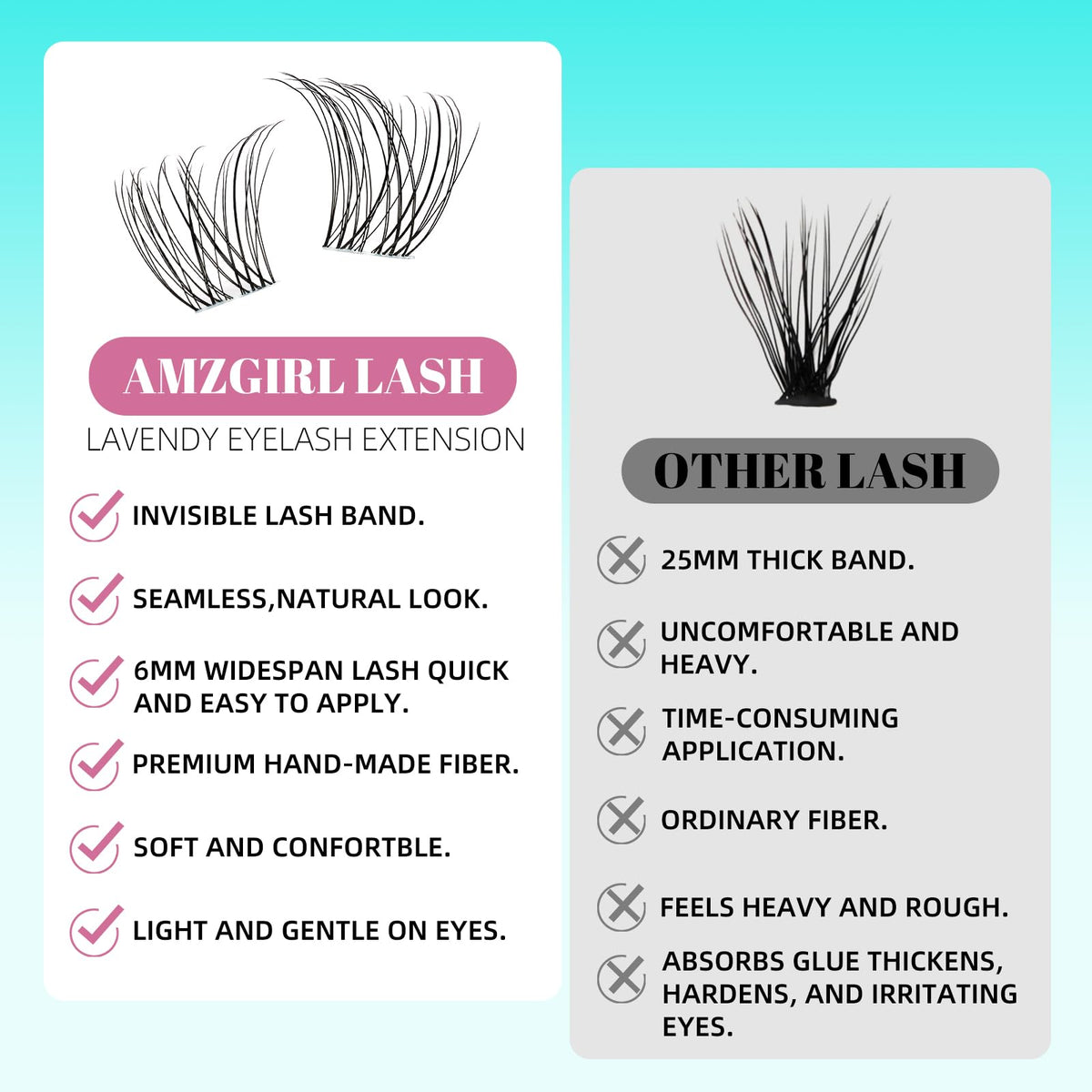 AMZGIRL LASH on-eye before and after showing natural lift and flattering D-curl effect