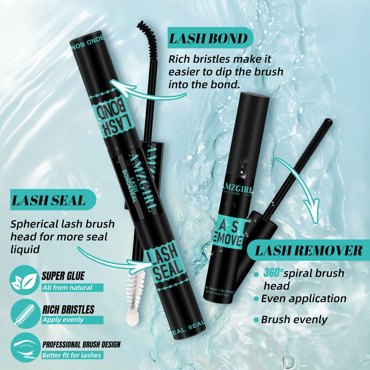 AMZGIRL LASH remover bottle and 45-degree stainless tweezer applicator for precise placement