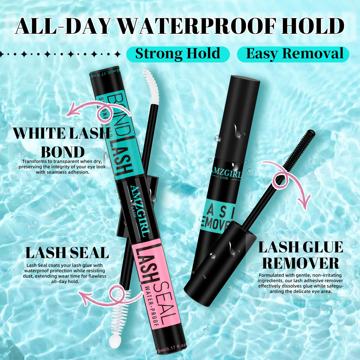 AMZGIRL LASH remover bottle next to lashes for gentle, safe adhesive removal