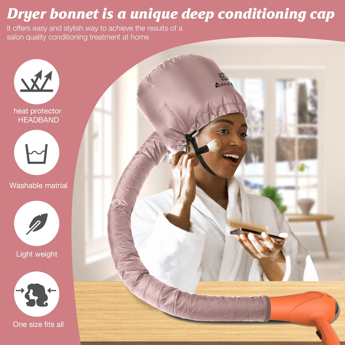 Amzpic bonnet in use while seated demonstrating hands-free deep conditioning convenience
