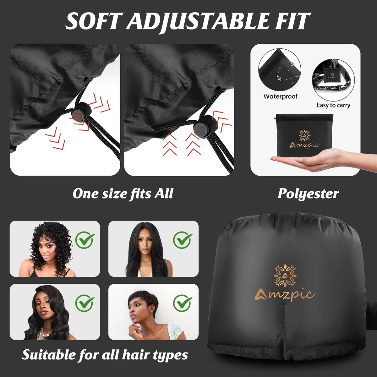 Amzpic bonnet in a bathroom setting illustrating at-home salon-style conditioning benefits