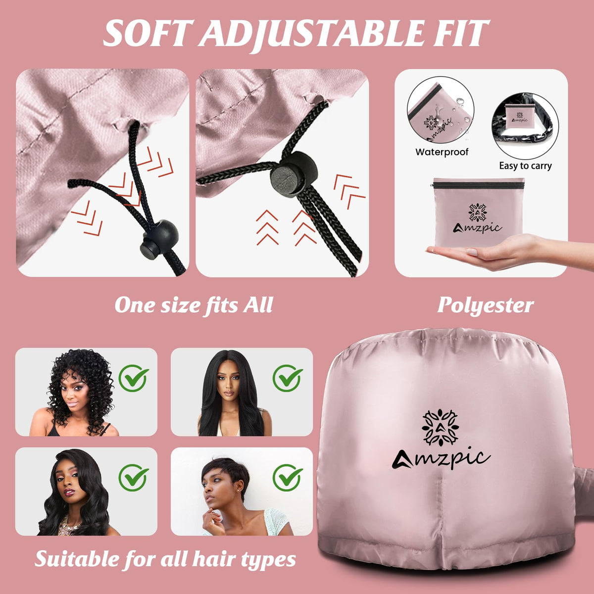 Amzpic bonnet packaging and label view highlighting product features and care guidance