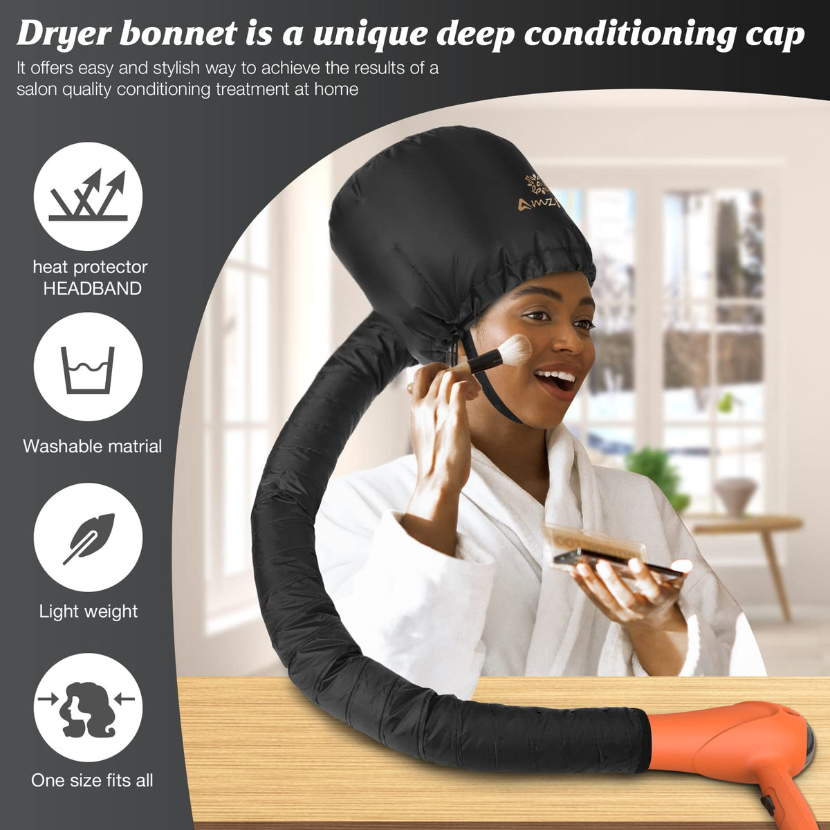 Amzpic bonnet with included towel-texture headband highlighting comfort and heat protection