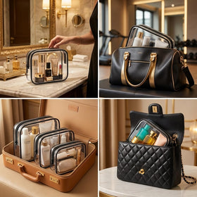 Amzrole pouches staged in a carry-on and diaper bag for versatile packing