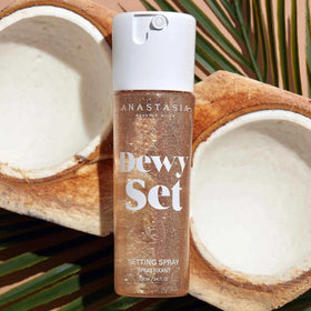 Anastasia Beverly Hills Dewy Set fine mist close-up demonstrating even atomizer spray for smooth, weightless application