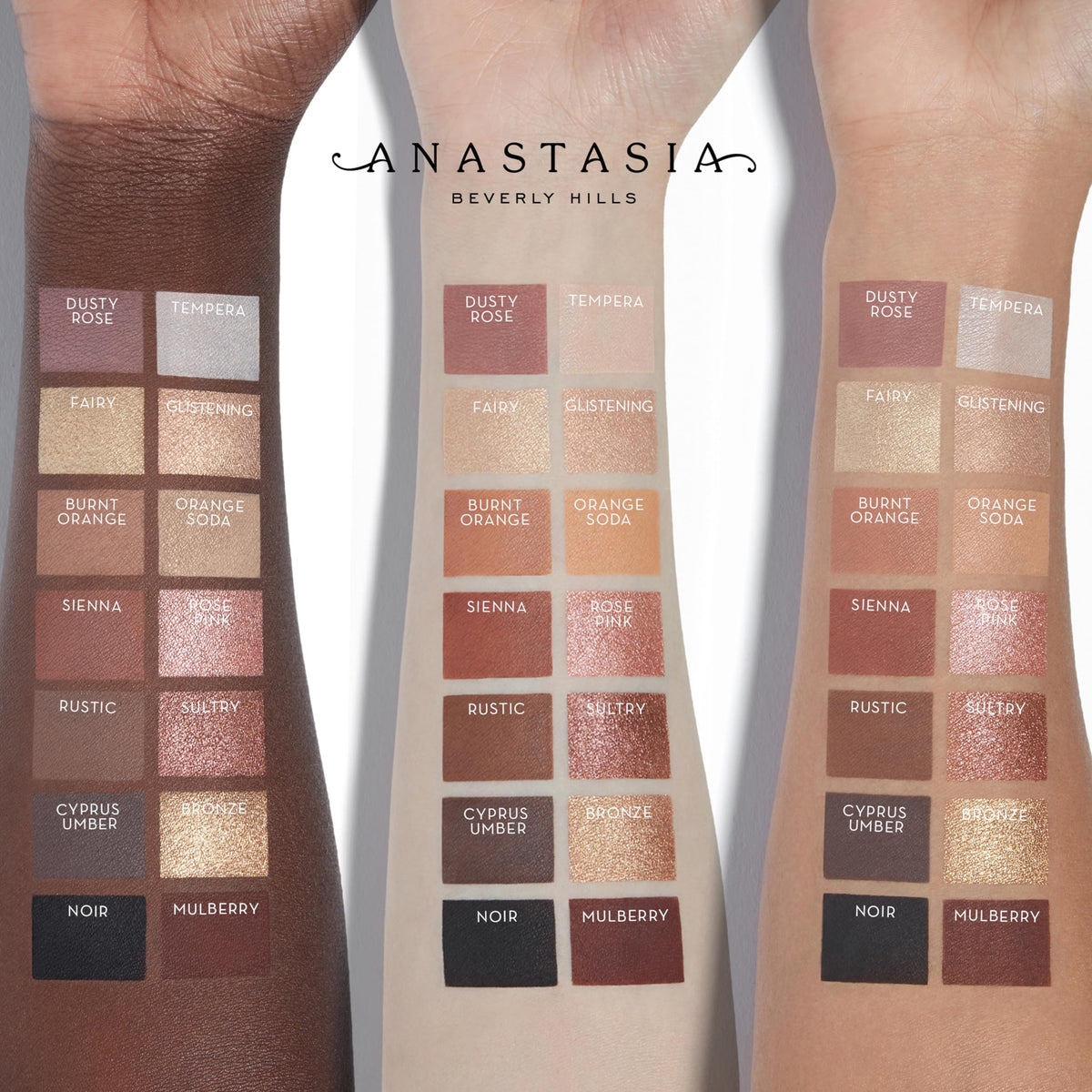 Anastasia Beverly Hills on model wearing warm glam eye, illustrates evening-ready shimmer