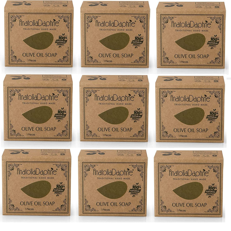 AnatoliaDaphne front packaging showing nine natural olive oil bars and clear labeling benefit pure ingredients