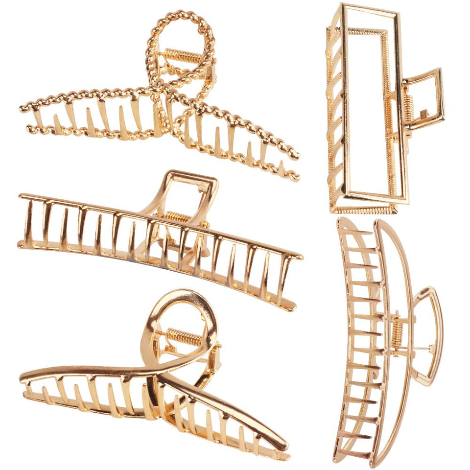 ANBALA front view of five gold metal claw clips, shows set and polished finish