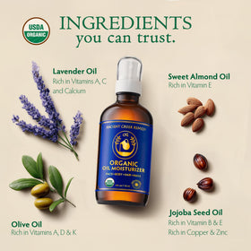 Ancient Greek Remedy ingredients display of olive, almond, jojoba oils highlighting purity