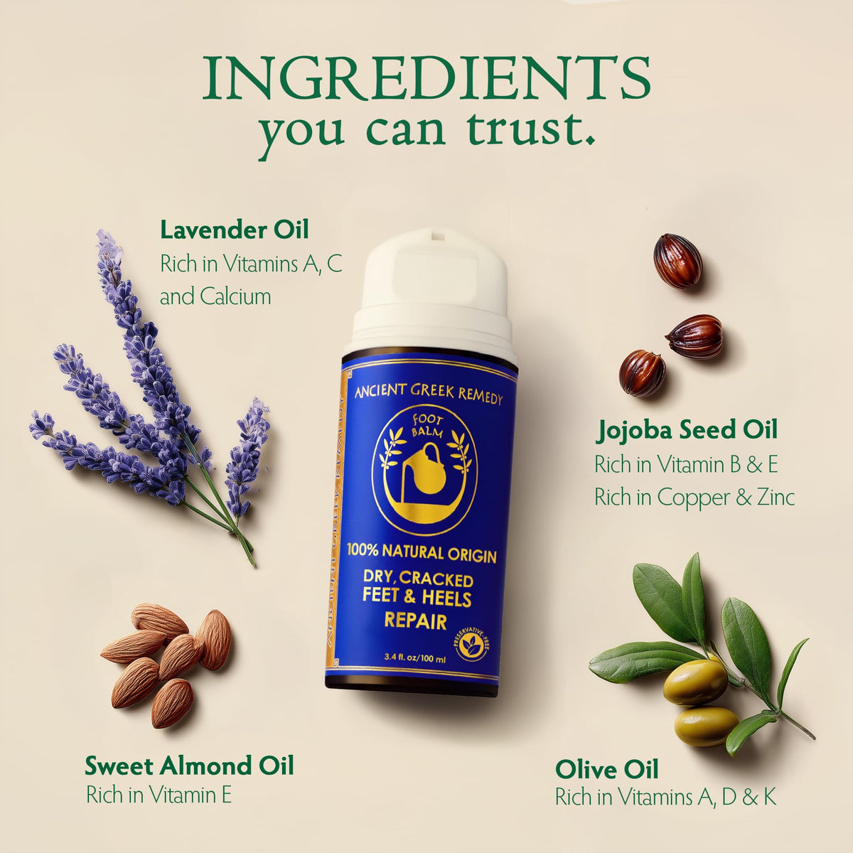 Ancient Greek Remedy label detail with ingredient list, clarifies organic formulation