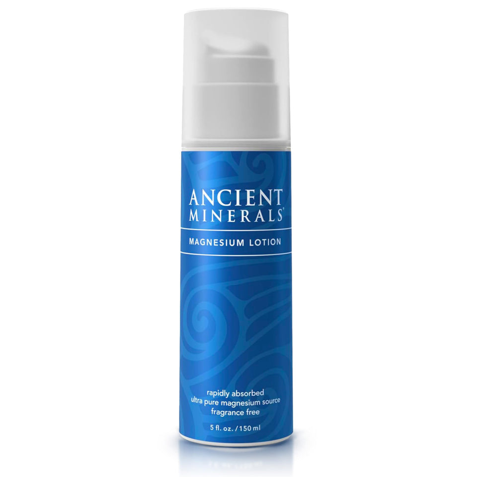 Ancient Minerals front packaging showing 5oz pump bottle and clear label for easy identification and travel convenience