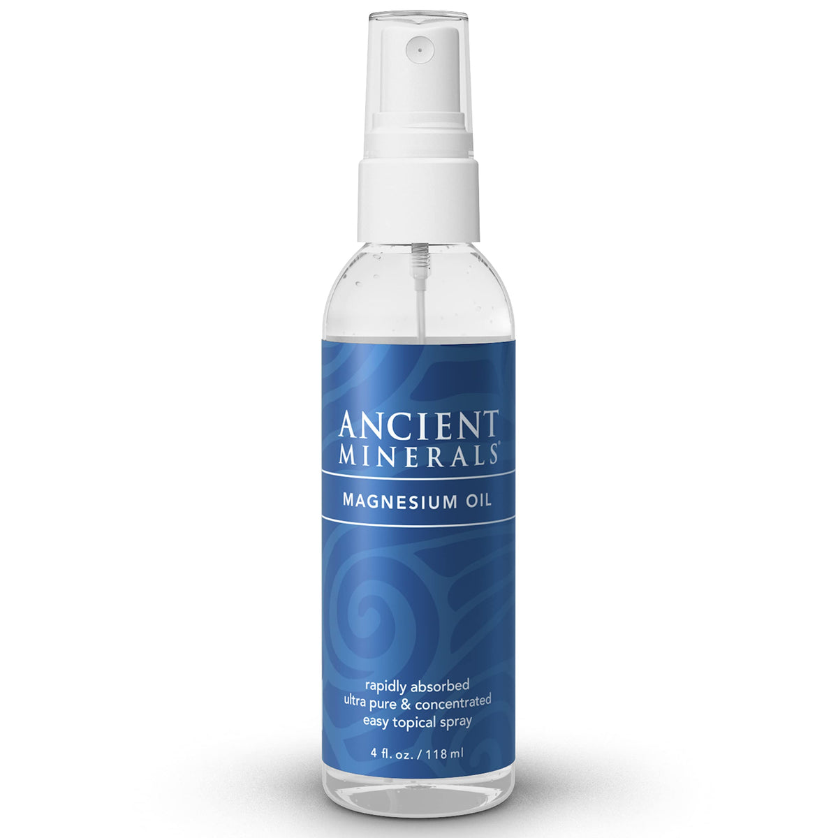 Ancient Minerals front packaging showing clear magnesium spray and label benefits