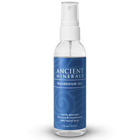 Ancient Minerals front packaging showing clear magnesium spray and label benefits