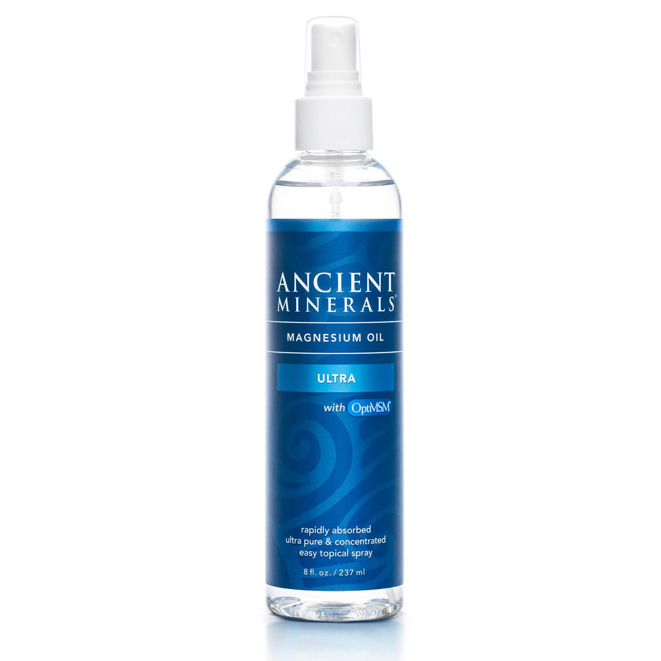 Ancient Minerals front packaging showing 8oz spray bottle and clear label benefit