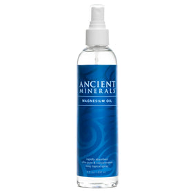 Ancient Minerals front packaging showing 8oz bottle and clear labeling benefit portability