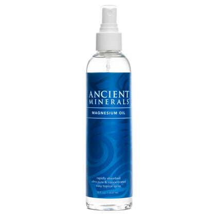 Ancient Minerals front packaging showing 8oz bottle and clear labeling benefit portability