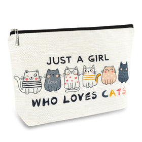 ancpeany front view of cat makeup bag showing cute print and compact benefit