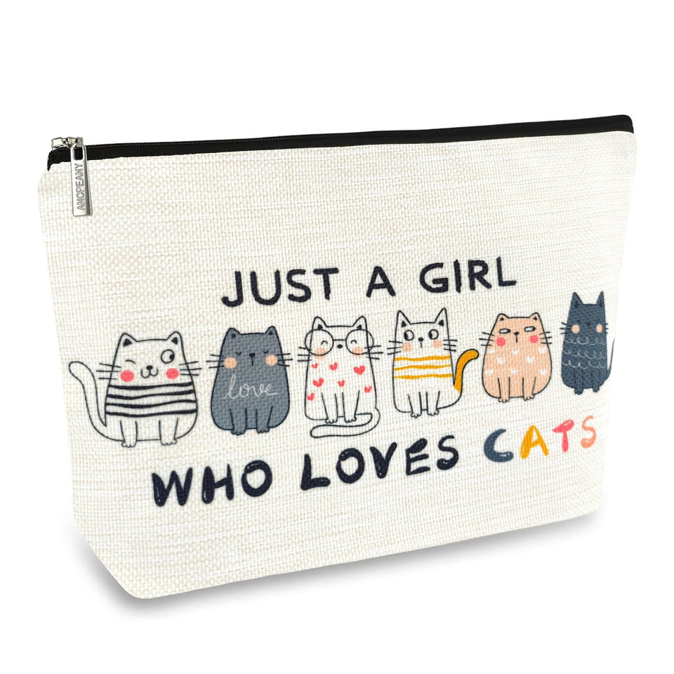 ancpeany front view of cat makeup bag showing cute print and compact benefit