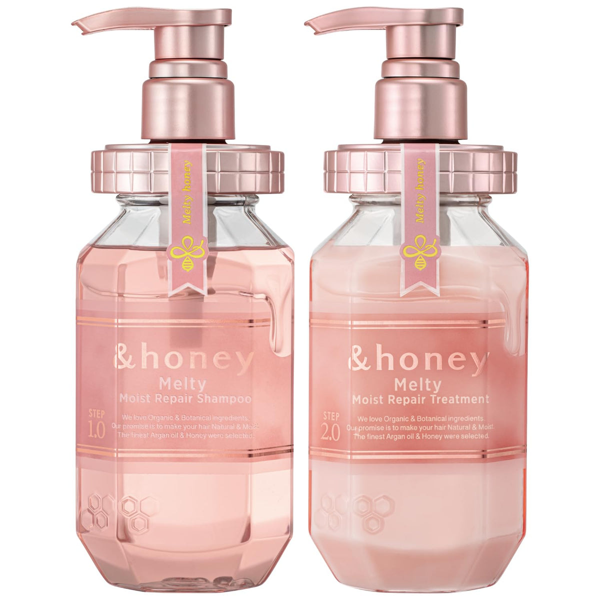 &Honey front packaging of shampoo and conditioner shows coordinated design and benefits