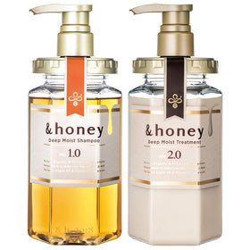 &honey front packaging showing both shampoo and conditioner, clear brand presentation and hydration benefit