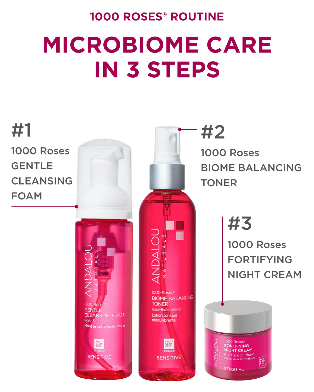 Andalou Naturals label close-up showing Rose-Biotic Blend and clean formulation benefits