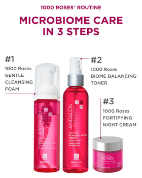 Andalou Naturals label close-up showing Rose-Biotic Blend and clean formulation benefits