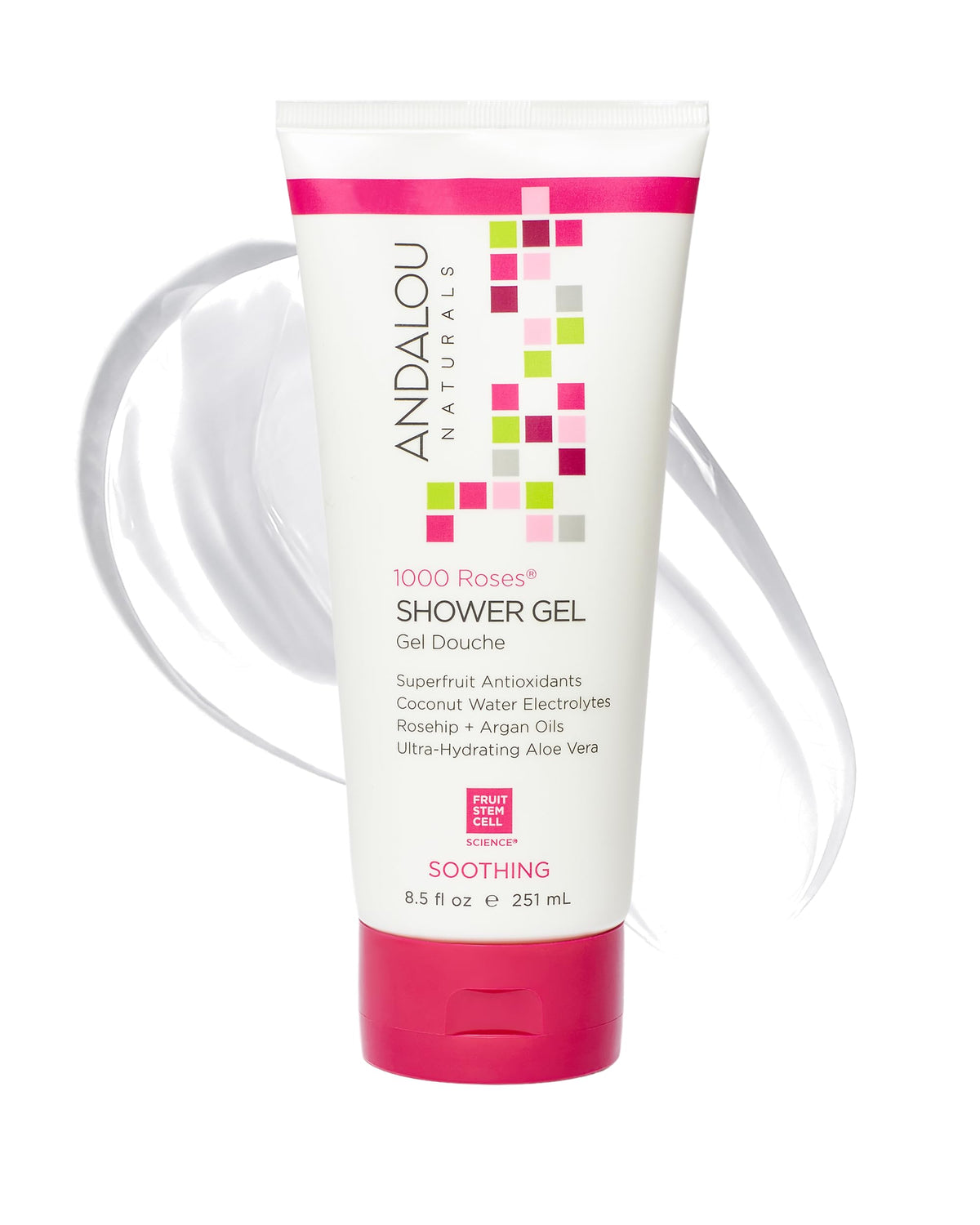 Andalou Naturals front bottle showing calming rose packaging and gentle formula benefit