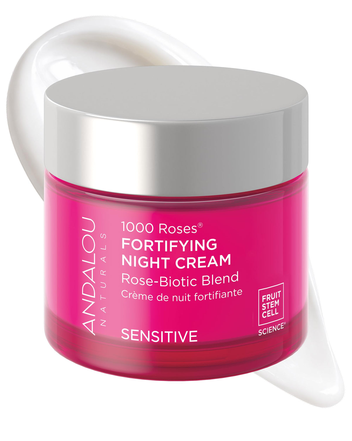 Andalou Naturals jar front view showing product and elegant rose branding, conveys luxury
