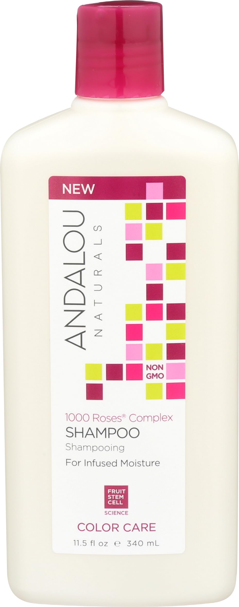 Andalou Naturals front bottle showing 1000 Roses label and color care benefit