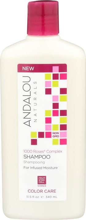 Andalou Naturals front bottle showing 1000 Roses label and color care benefit