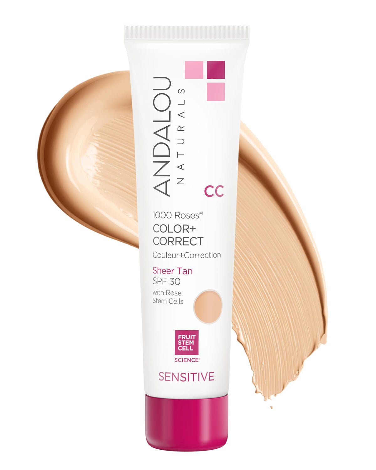 Andalou Naturals front tube showing SPF 30 compact travel size and branding benefits