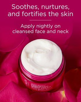 Andalou Naturals jar on nightstand in bedroom setting showing overnight ritual benefit