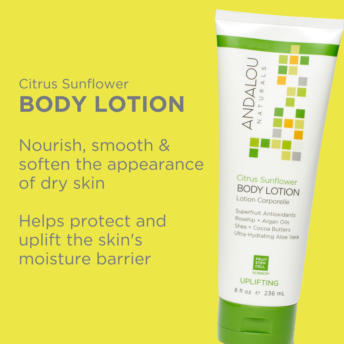 Andalou Naturals lotion texture being dispensed, demonstrating lightweight non-greasy absorption