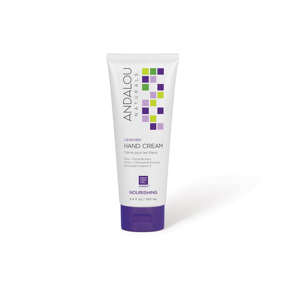 Andalou Naturals lavender hand cream front view showing tube and soothing benefit