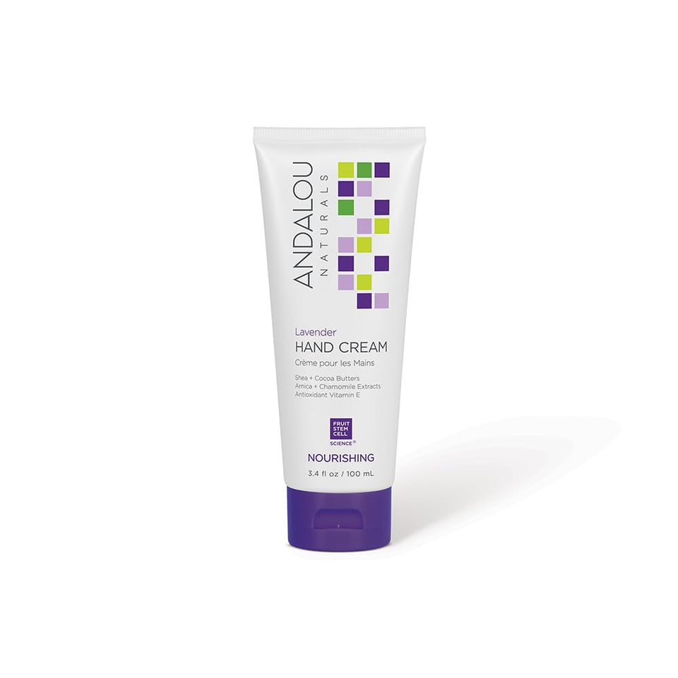 Andalou Naturals lavender hand cream front view showing tube and soothing benefit