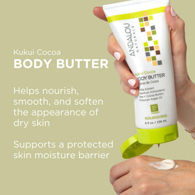 Close-up whipped texture of Andalou Naturals body butter highlighting creamy spreadability benefit