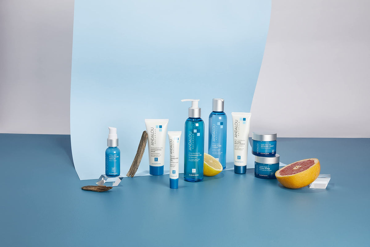 Andalou Naturals product on bathroom counter during application illustrating simple daily routine