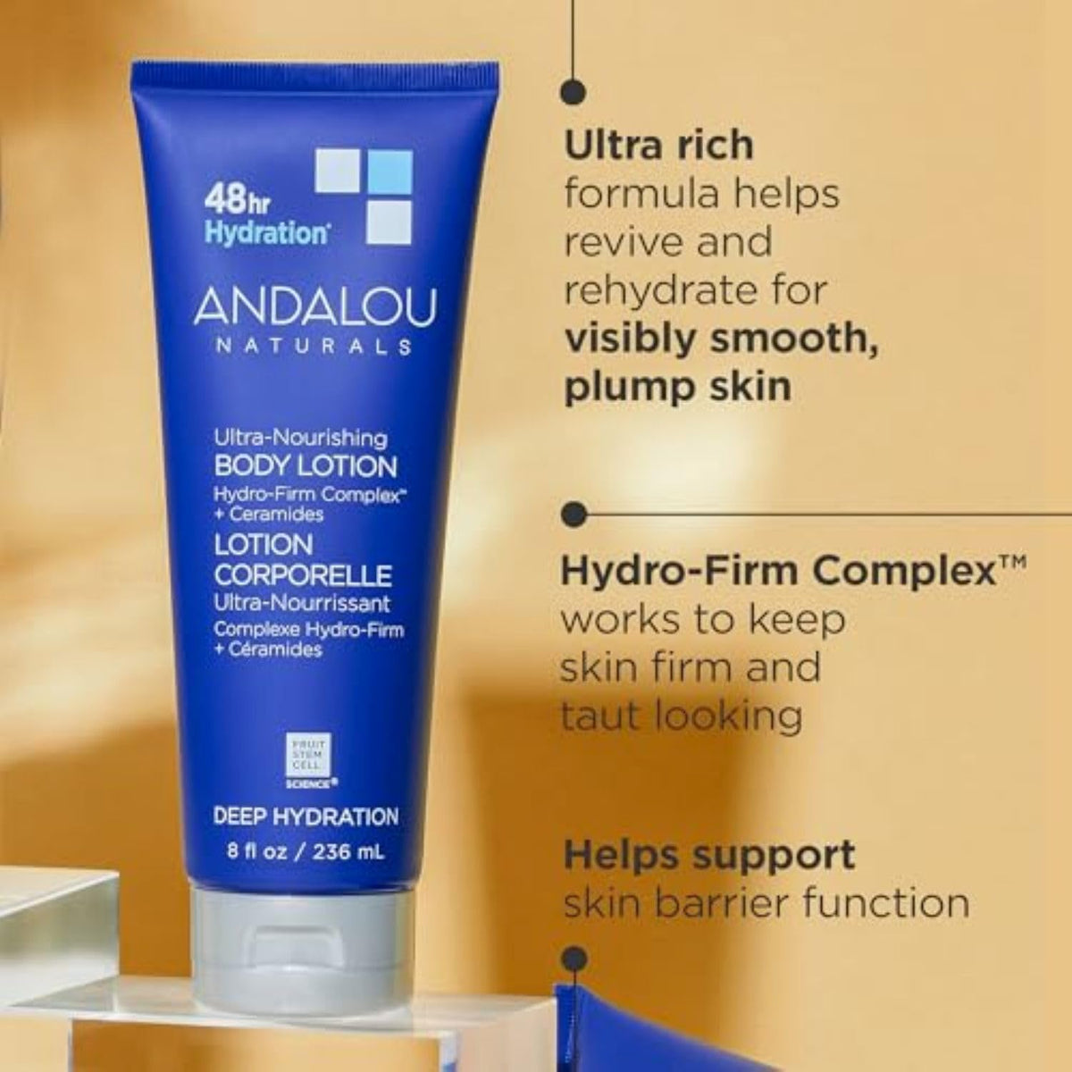 Andalou Naturals lotion pump with close-up texture demonstrating fast absorption