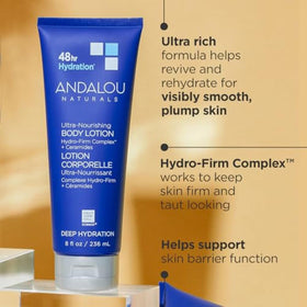 Andalou Naturals lotion pump with close-up texture demonstrating fast absorption