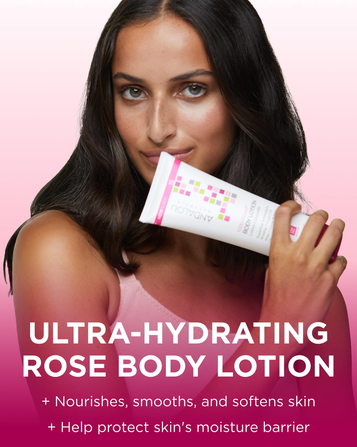 Andalou Naturals lotion texture close-up showing creamy, fast-absorbing finish