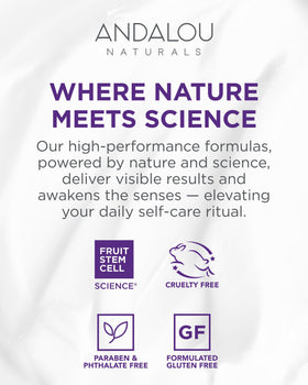 Andalou Naturals on bathroom shelf at night suggesting evening use